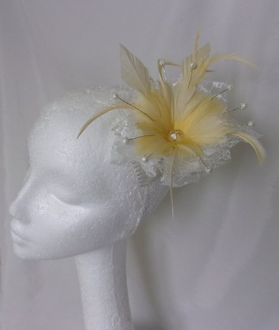 Primrose Yellow and Ivory Feather Flower Lace and Pearl Fascinator Hair Comb