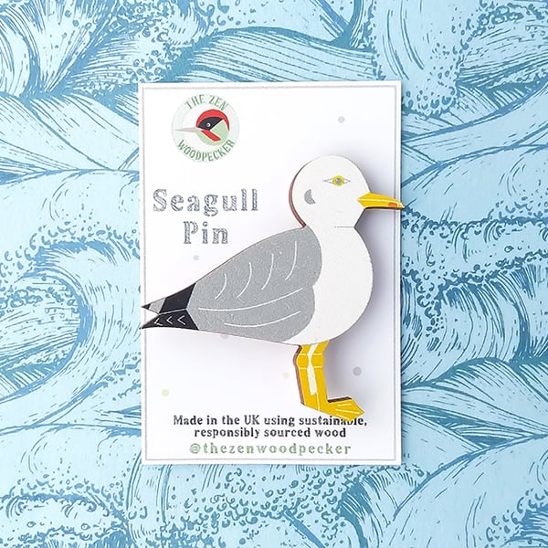Seagull Pin Badge, Wooden Bird Brooch, Seabird Badge, Seaside Accessories