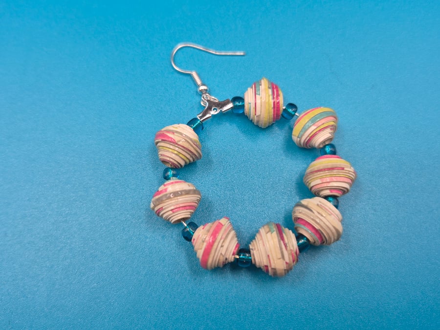 Large hoop paper beaded earrings made with recycled wall paper