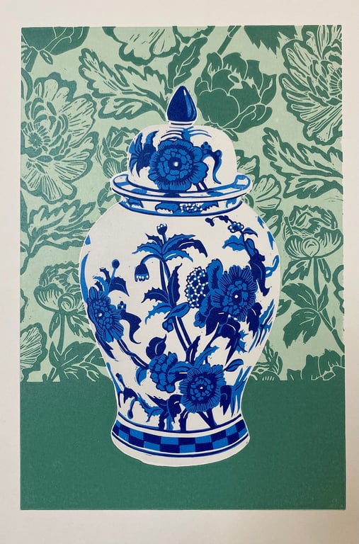 Ginger Jar with Peonies in green - Handmade Limited Edition Lino Print - 