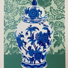 Ginger Jar with Peonies in green - Handmade Limited Edition Lino Print - 