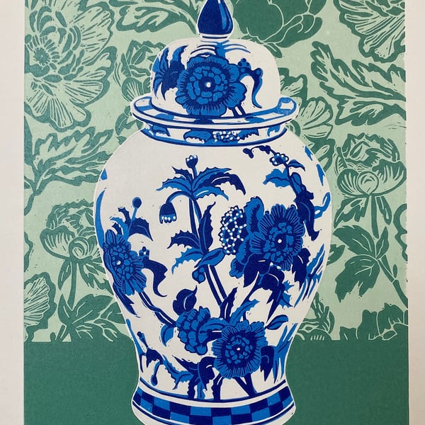Ginger Jar with Peonies in green - Handmade Limited Edition Lino Print - 