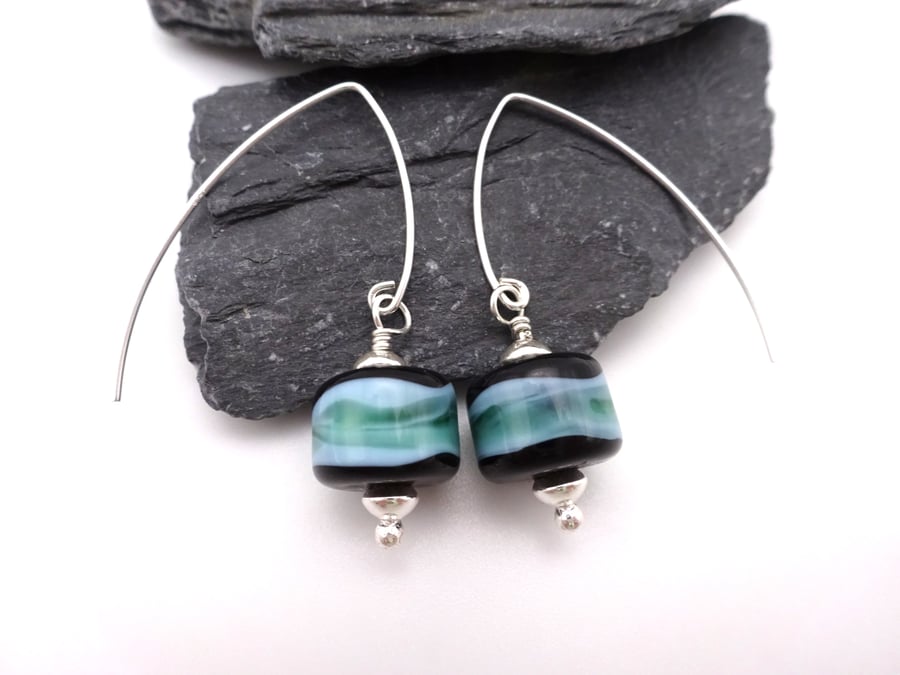 lampwork glass green and black earrings