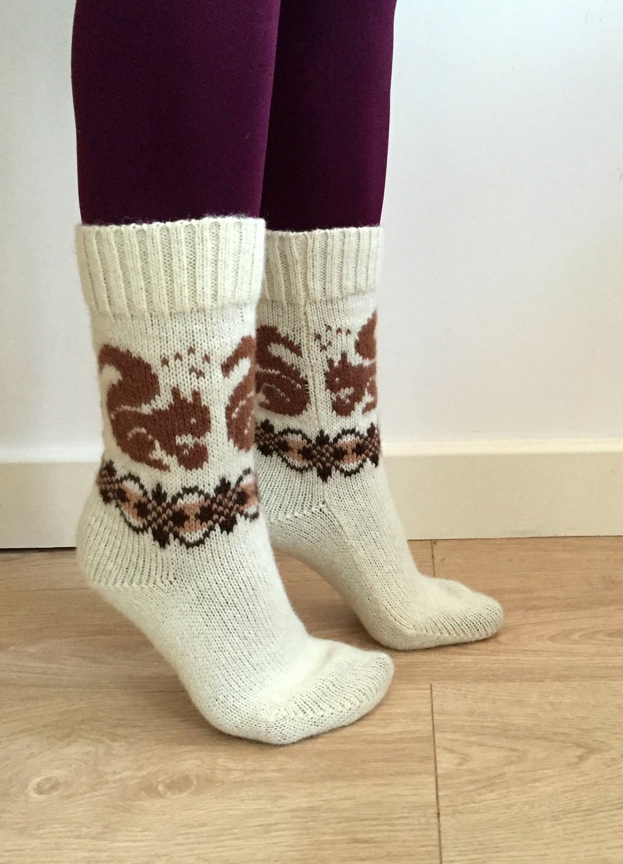 READY TO SHIP White wool knitted socks brown squirrels fair isle patterned fall 