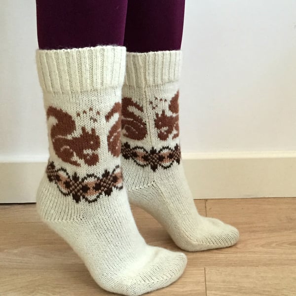 READY TO SHIP White wool knitted socks brown squirrels fair isle patterned fall 