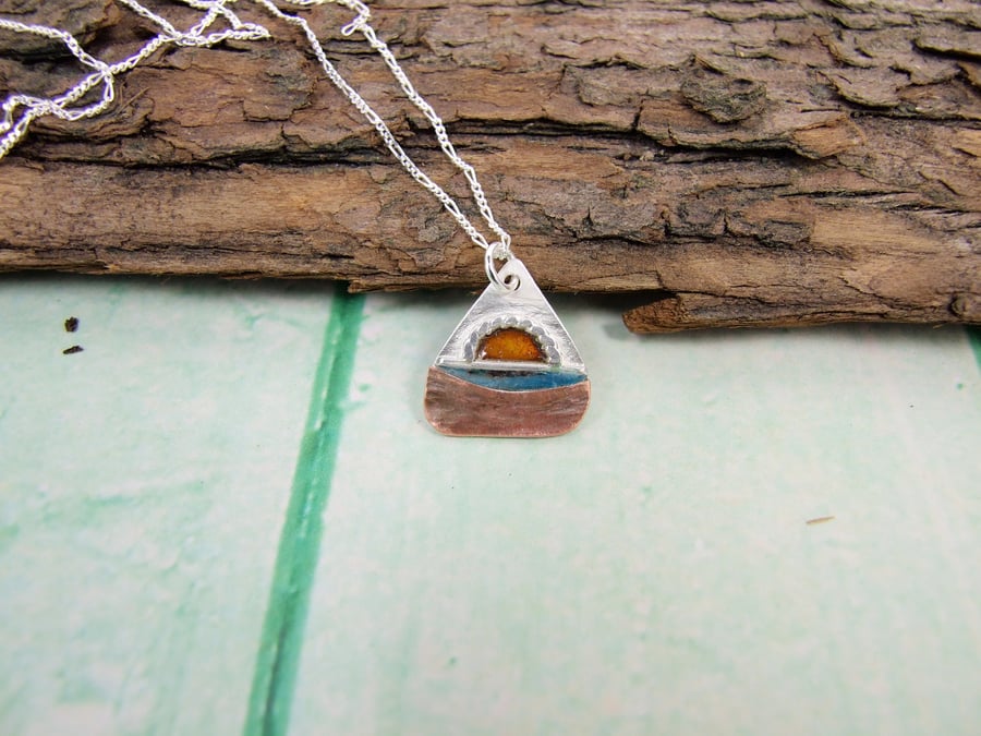 Pendant, Sunset View Sterling Silver & Copper with Enamel Necklace, Minimalist 