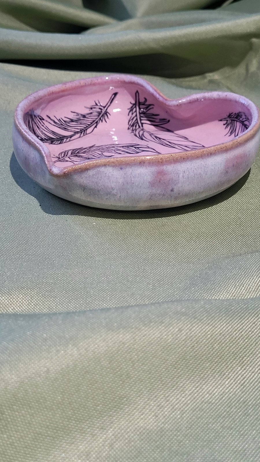 Heart shaped pink feathers pattern trinket dish handmade pottery