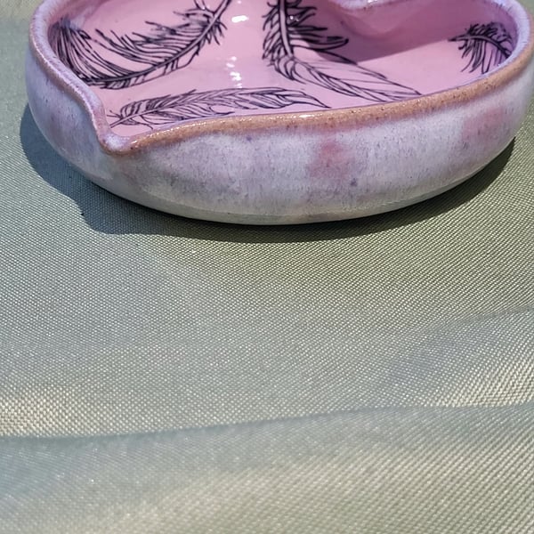 Heart shaped pink feathers pattern trinket dish handmade pottery