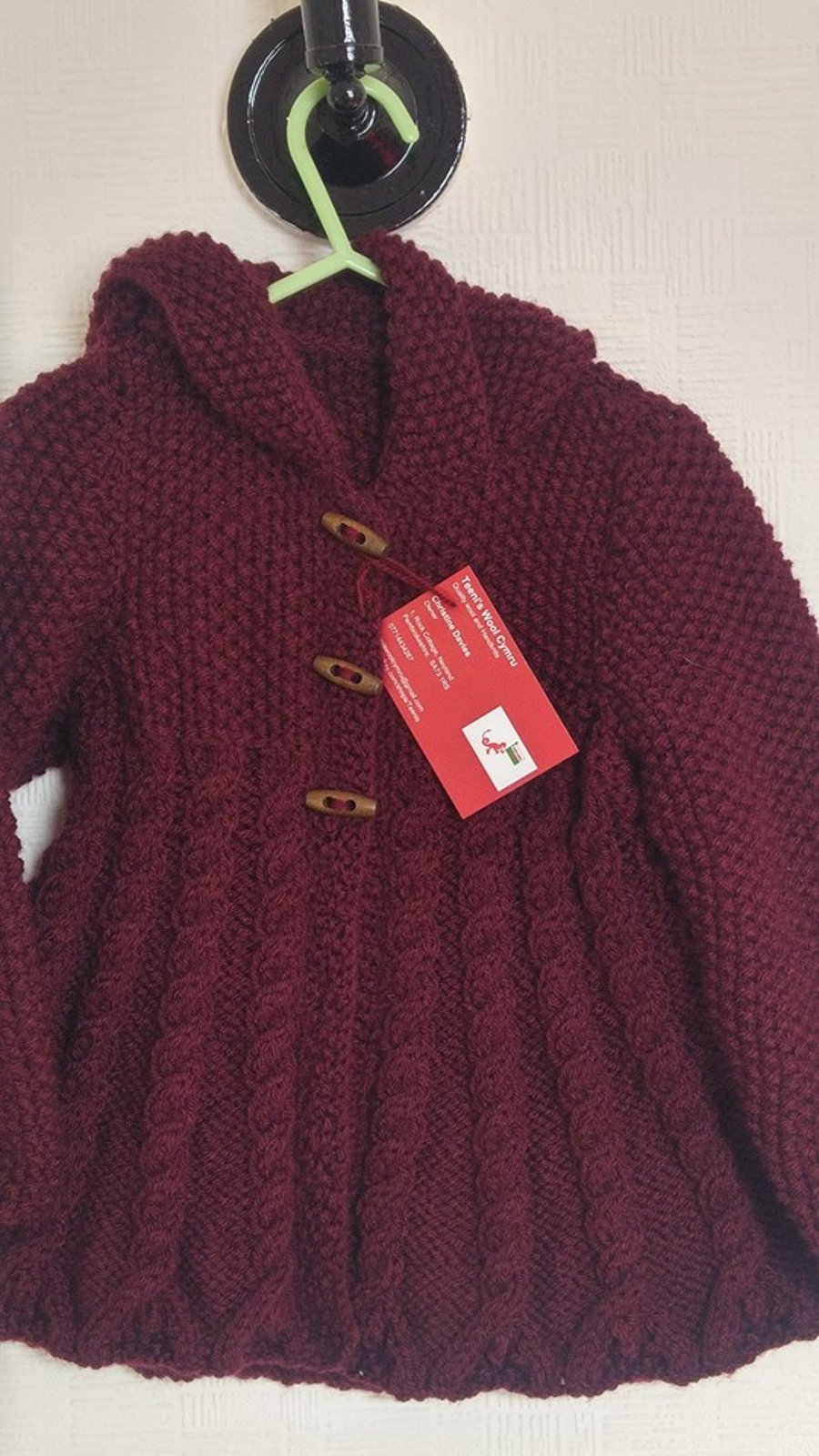 Girls aran hooded  swing coat - Burgundy -  made to order