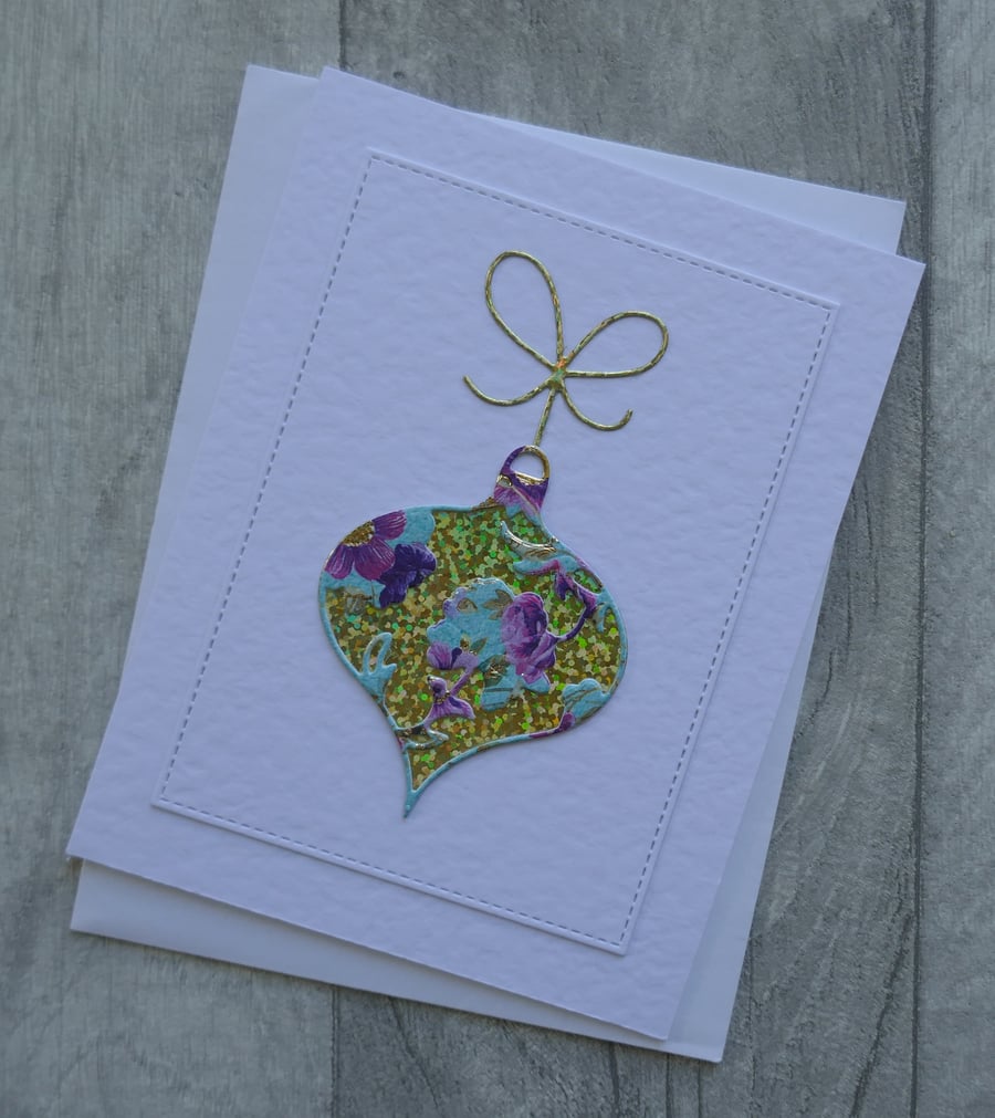 Gold Bauble with Floral Decoration and Bow - Upcycled Christmas Card