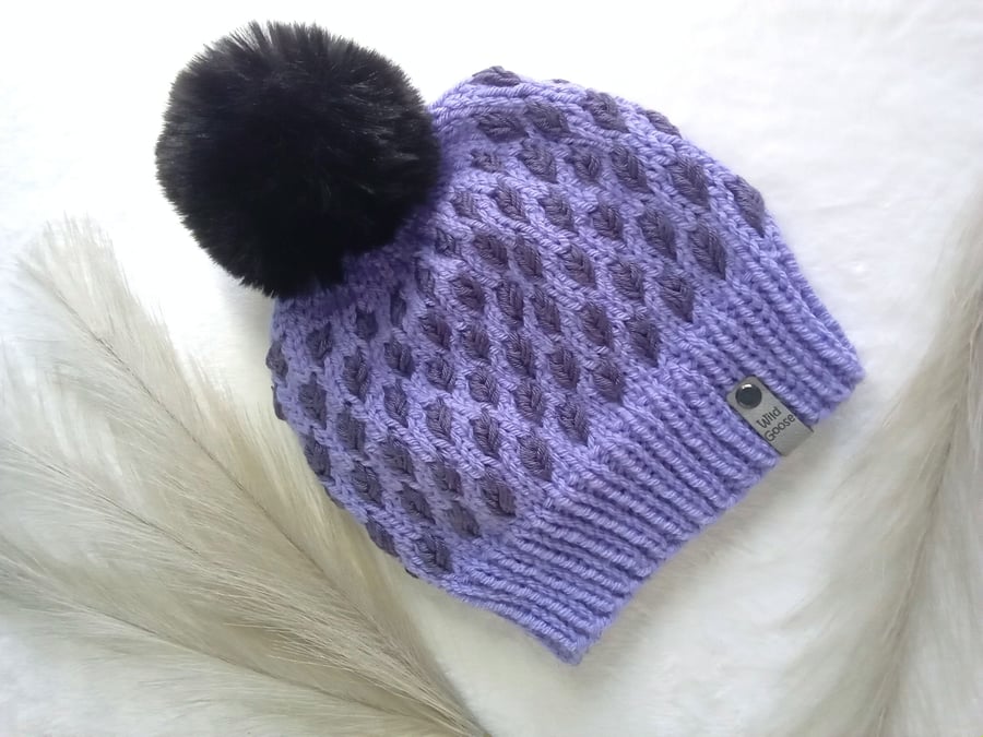 Hand Knit Beanie Hat in Lilac & purple. With faux fur pom. Adult size
