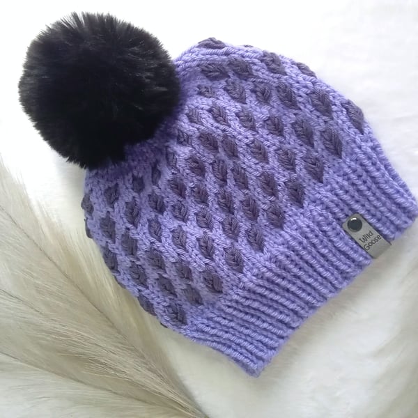 Hand Knit Beanie Hat in Lilac & purple. With faux fur pom. Adult size