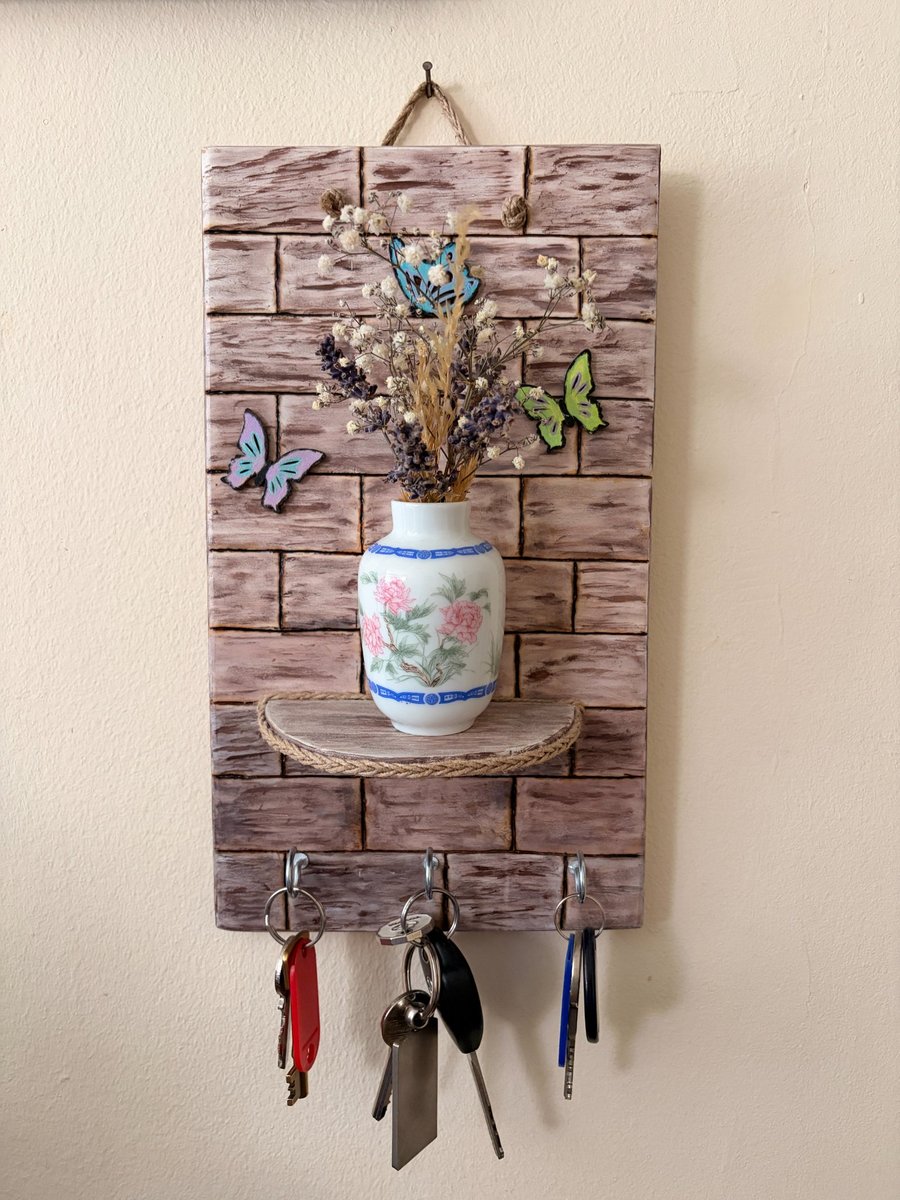 Rustic Wood Key Holder with Floating Shelf, Boho Hallway Hanging