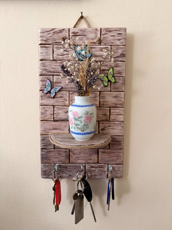 Rustic Wood Key Holder with Floating Shelf, Boho Hallway Hanging