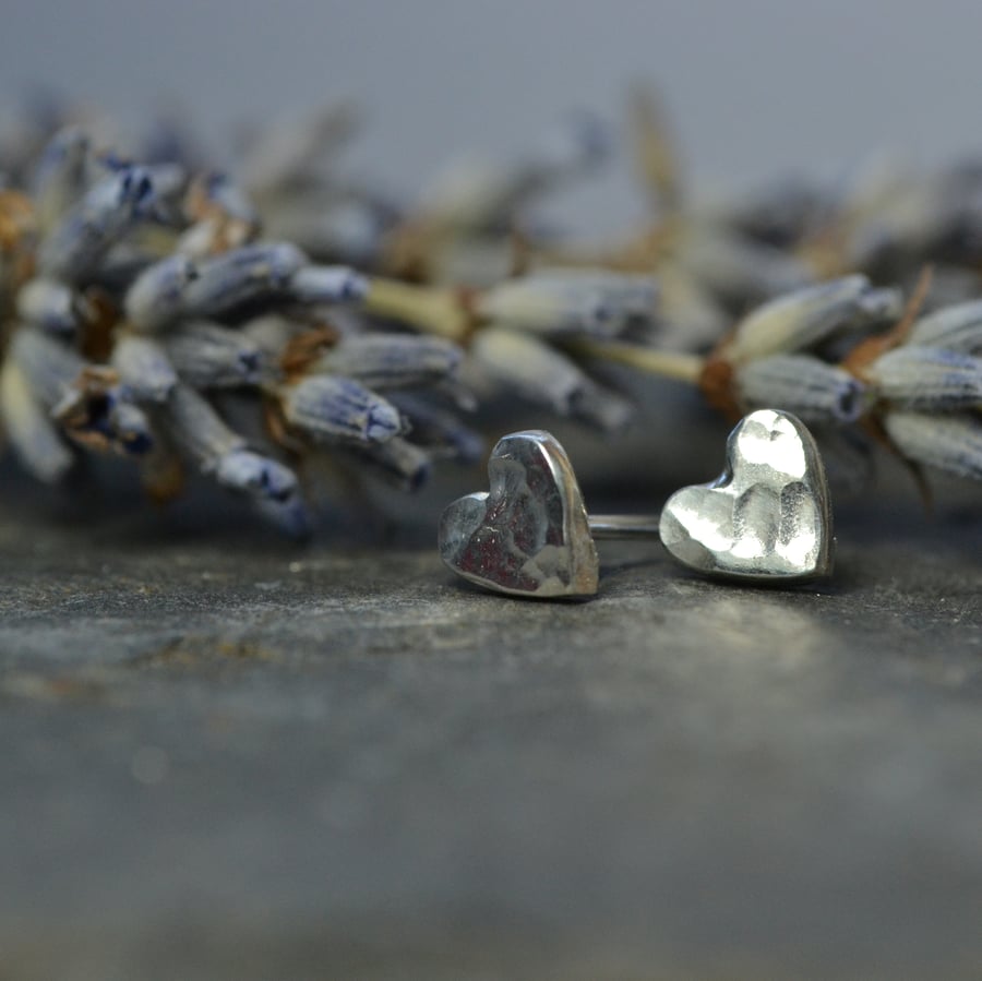Small silver heart stud earrings, fine silver and sterling silver, valentines