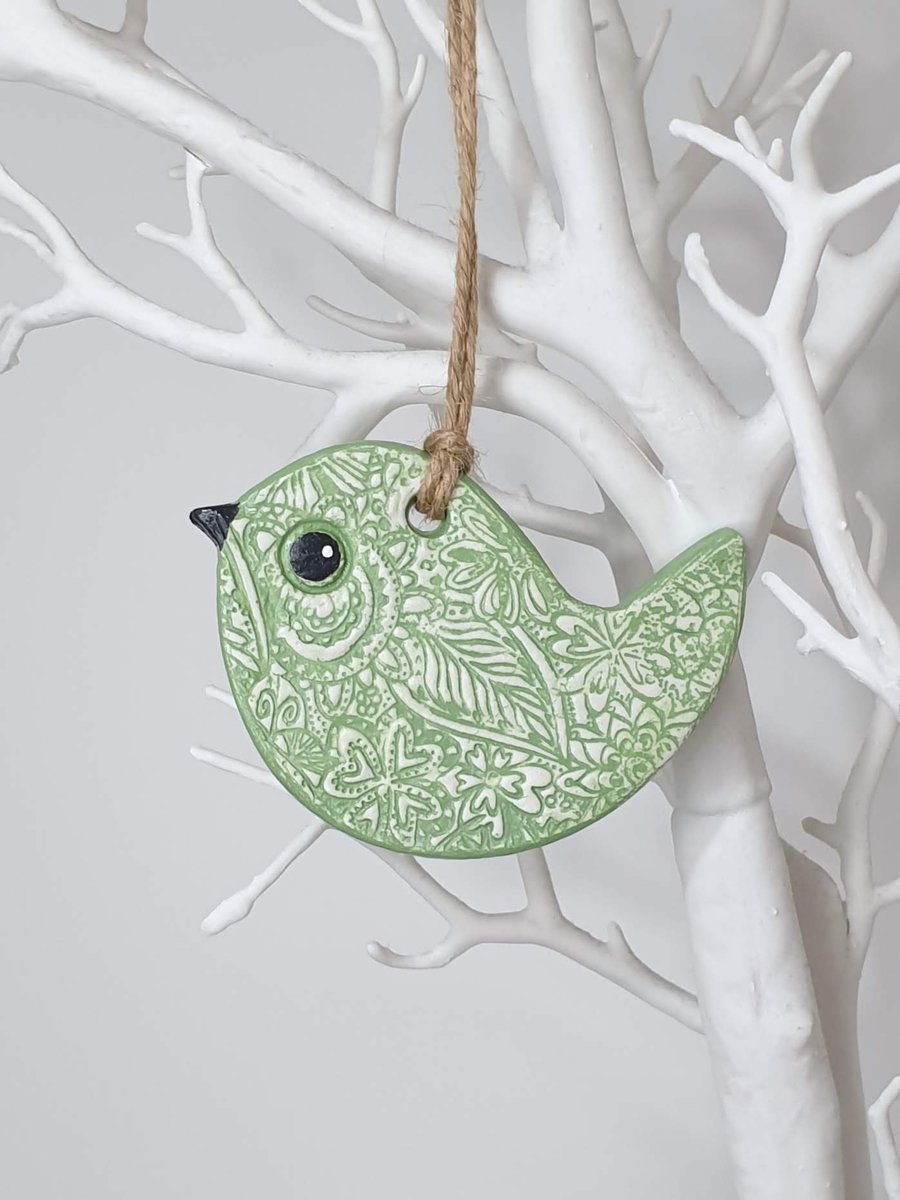 Clay bird hanging decoration, pretty pale green gift for her 