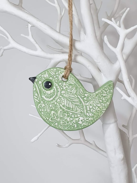 Clay bird hanging decoration, pretty pale green gift for her 