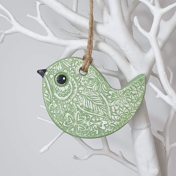 Clay bird hanging decoration, pretty pale green gift for her 