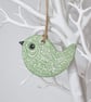 Clay bird hanging decoration, pretty pale green gift for her 