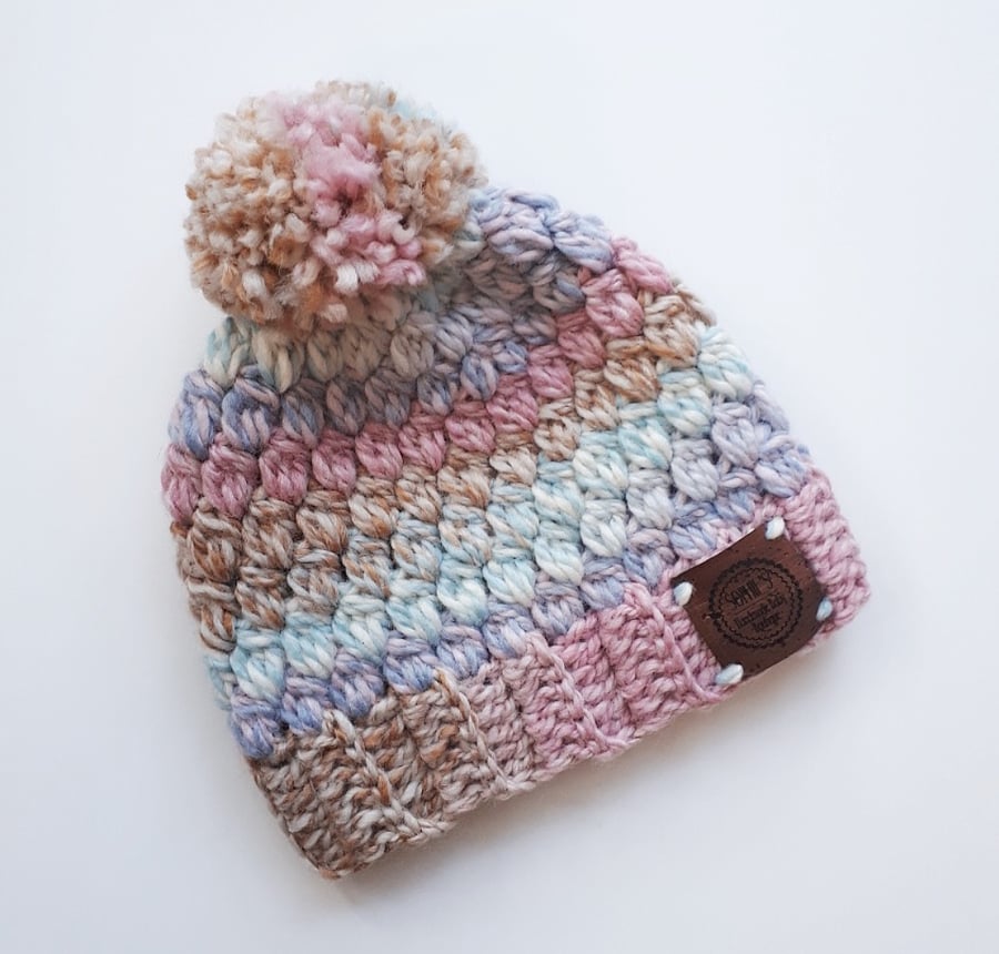 1-2 years Pom Pom hat, girls winter hat, gifts for girls, toddler hat, crochet
