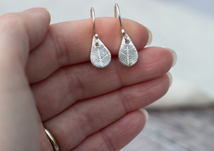 Silver Teardrop Leaf Pattern Earrings, recycled silver leaf drop earrings, 