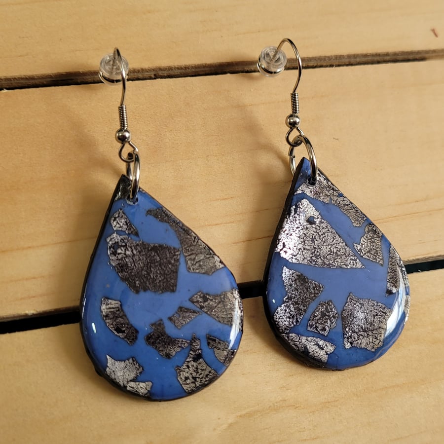 Handmade Polymer Clay Blue and Silver Teardrop Earrings. 316 Stainless Steel 