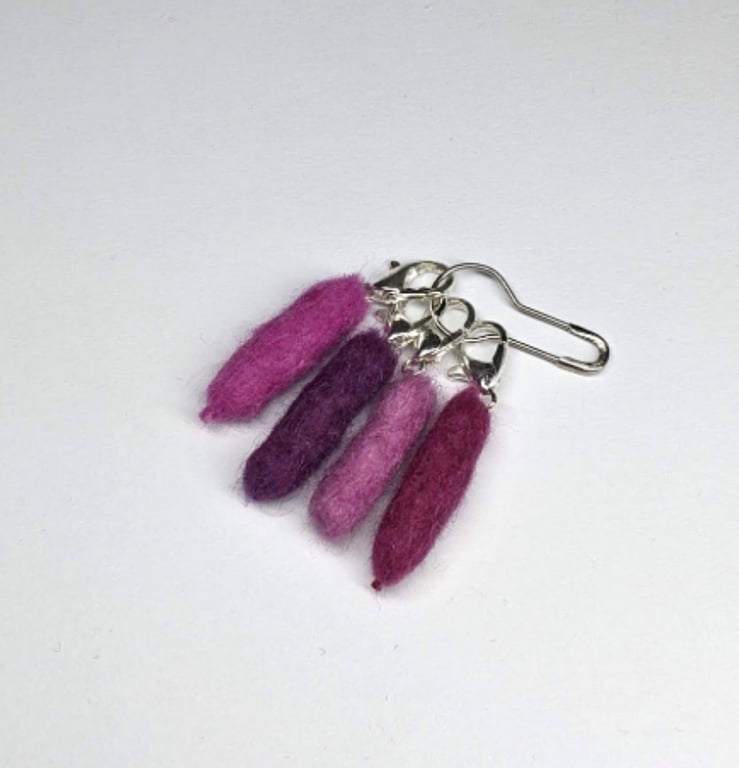 Felted stitch markers for knit or crochet - set of 4, pink and purple shades