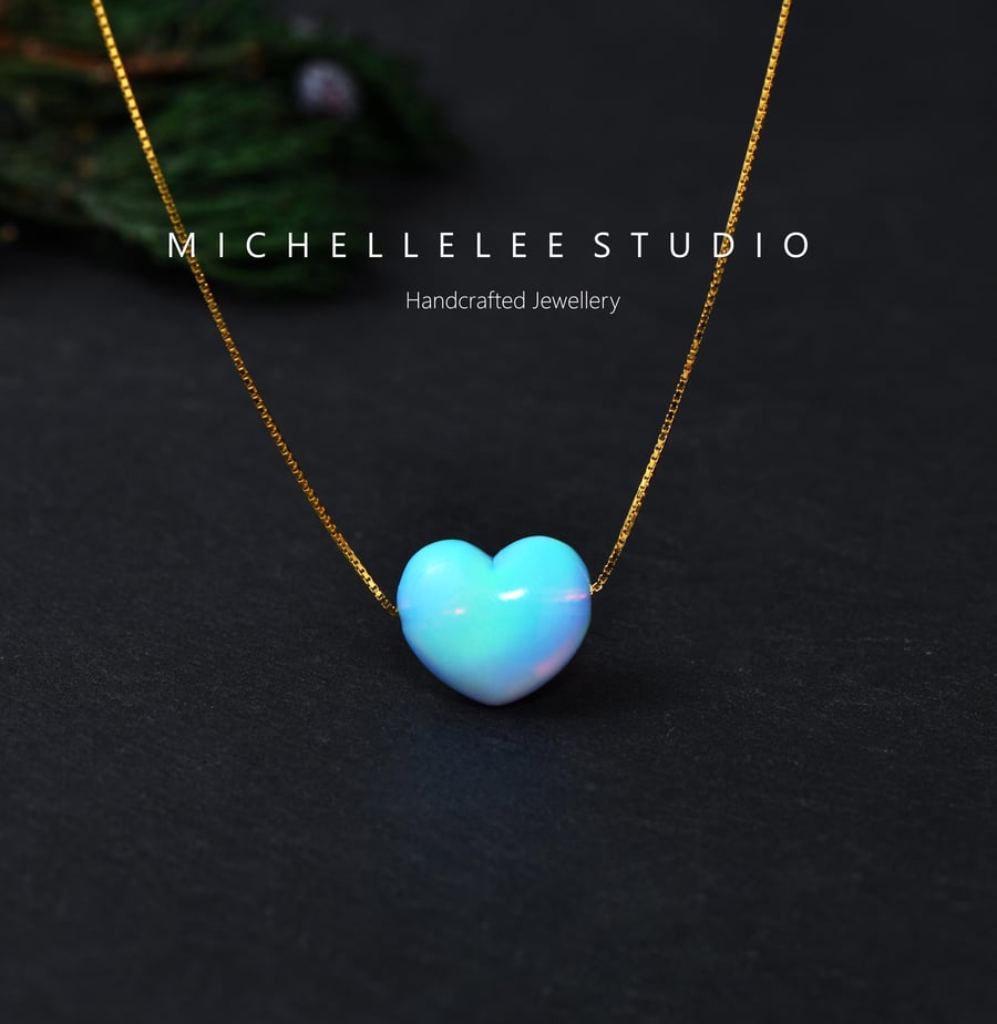 Large Blue Heart 3D Fire Opal Necklace With 925 Sterling Silver Chain
