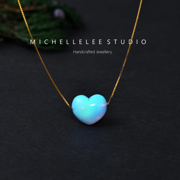 Large Blue Heart, 3D Fire Opal Heart necklace with 925 Sterling Silver necklace