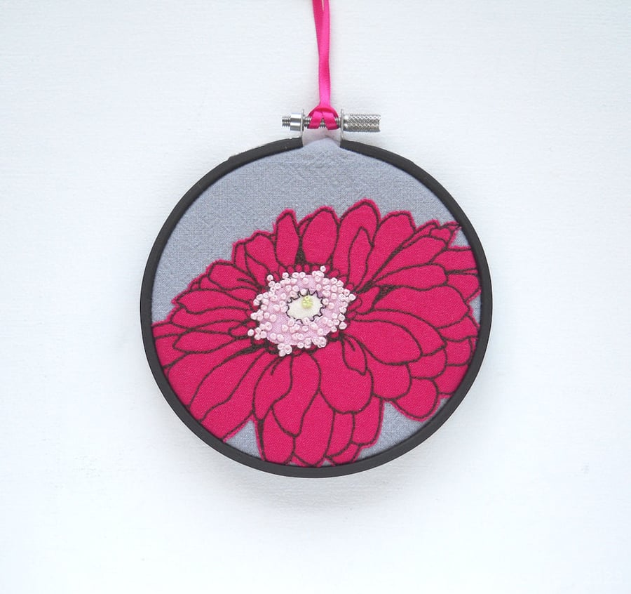 free motion and hand embroidered floral textile hoop original art hot pink