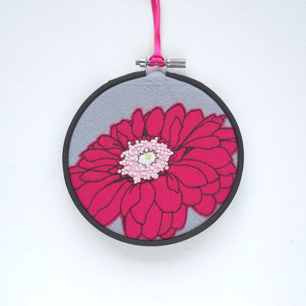 free motion and hand embroidered floral textile hoop original art hot pink
