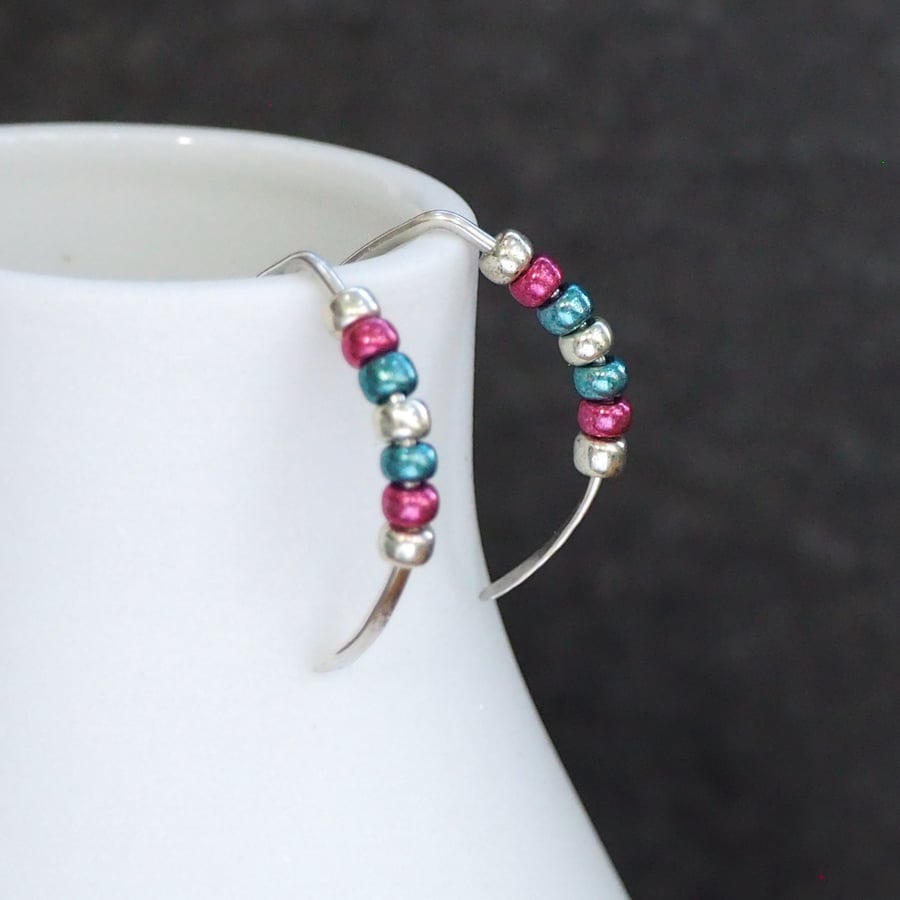 Silver and bead threader earrings, silver drop earrings