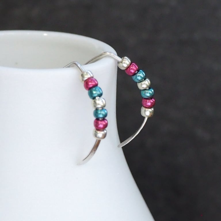 Silver and bead threader earrings, silver drop earrings