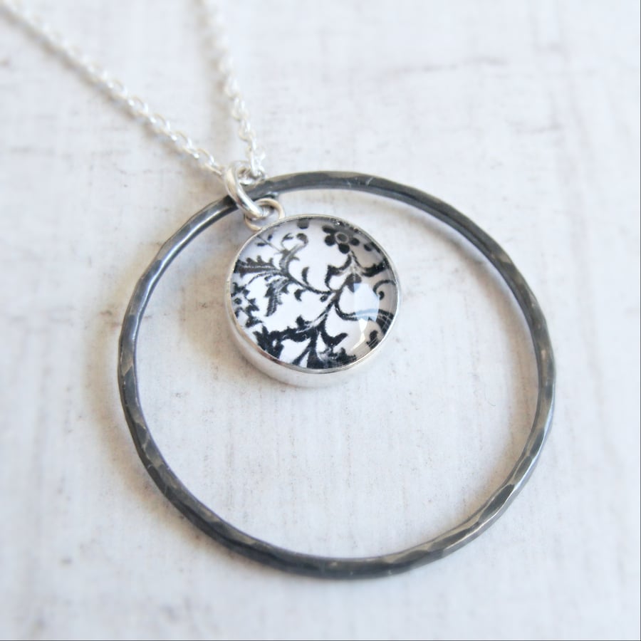 Oxidised Silver Black and White Floral Print Circle Loop Pendant Necklace