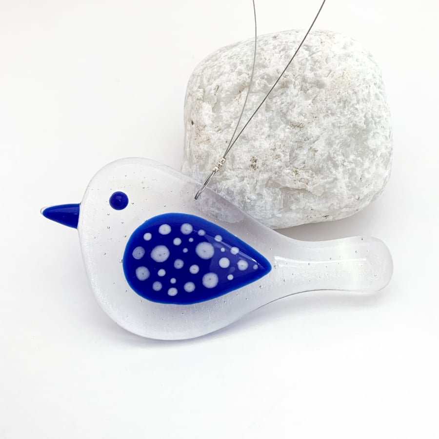Fused Glass Cobalt Spotty Bird Hanging - Handmade Glass Suncatcher