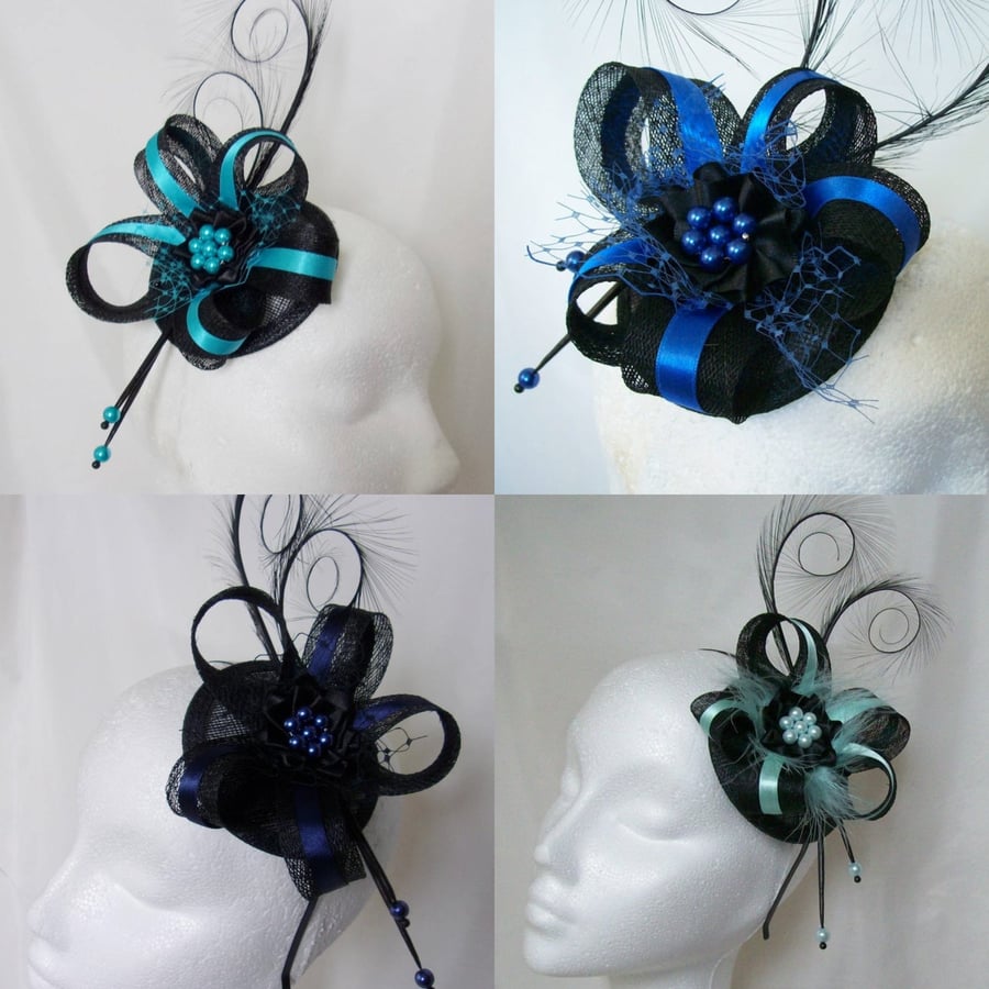 Black and Blue Coloured Sinamay Loop & Feather Wedding Fascinator Mini Hat