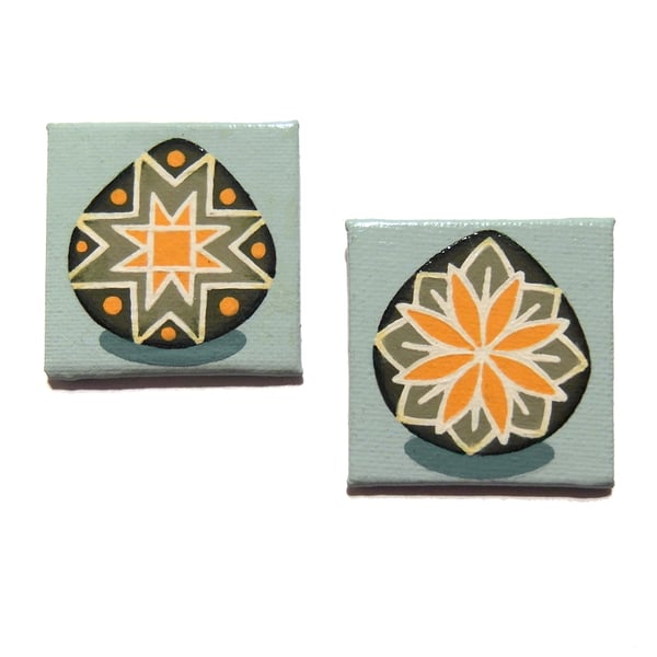 Gift Set of 2 Magnets, Hand Painted with Green and Orange Decorated Eggs