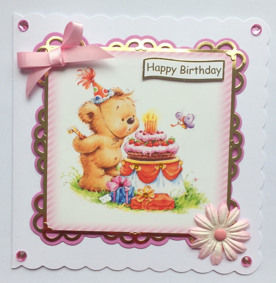 Birthday Card Cute Teddy Bear With Cake Happy Birthday 3D Luxury Handmade Card 