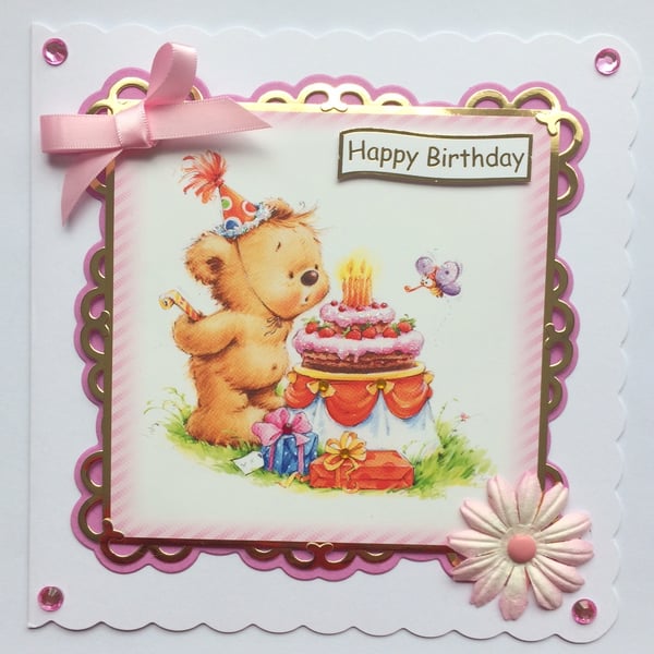 Birthday Card Cute Teddy Bear With Cake Happy Birthday 3D Luxury Handmade Card 