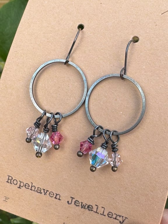 Dainty Vintage Hoop Earrings With Pink Crystals 