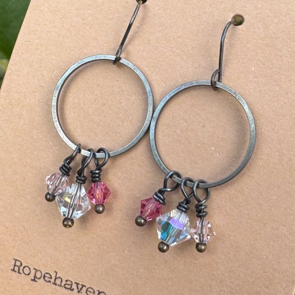 Dainty Vintage Hoop Earrings With Pink Crystals 