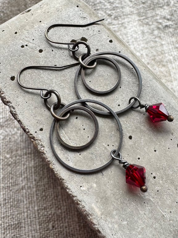 Vintage Style Hoop Earrings with Red Crystals Handmade in Cornwall
