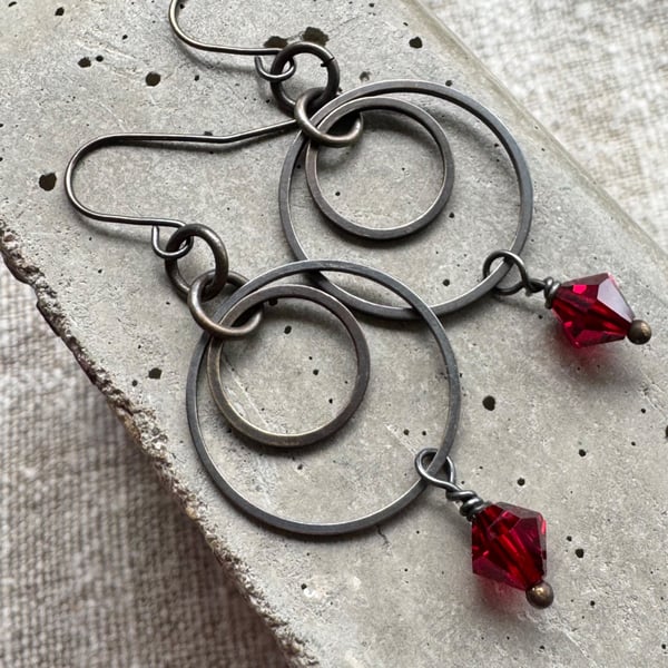 Vintage Style Hoop Earrings with Red Crystals Handmade in Cornwall