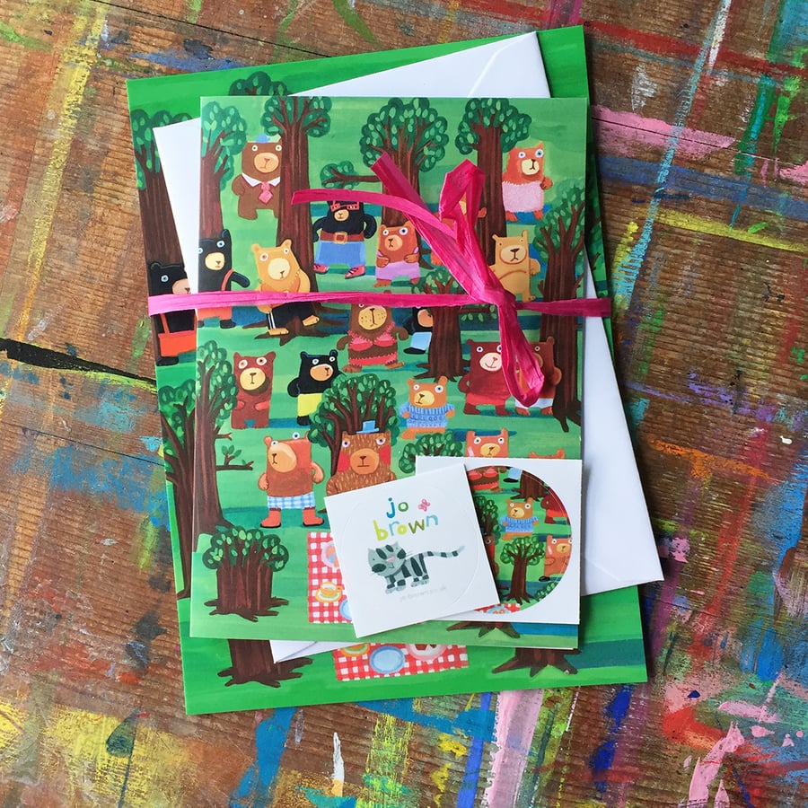 Bears In The Wood Mini Art Print - greetings card-sticker bundle by Jo Brown