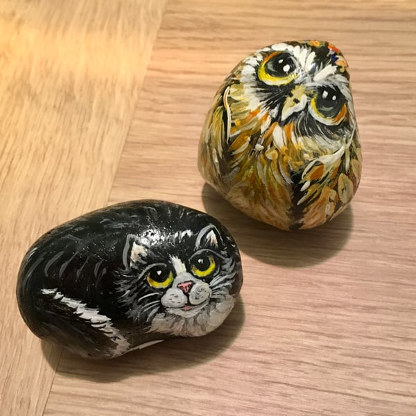 Owl and cat hand painted pebbles garden rock art stone pet portrait wildlife 