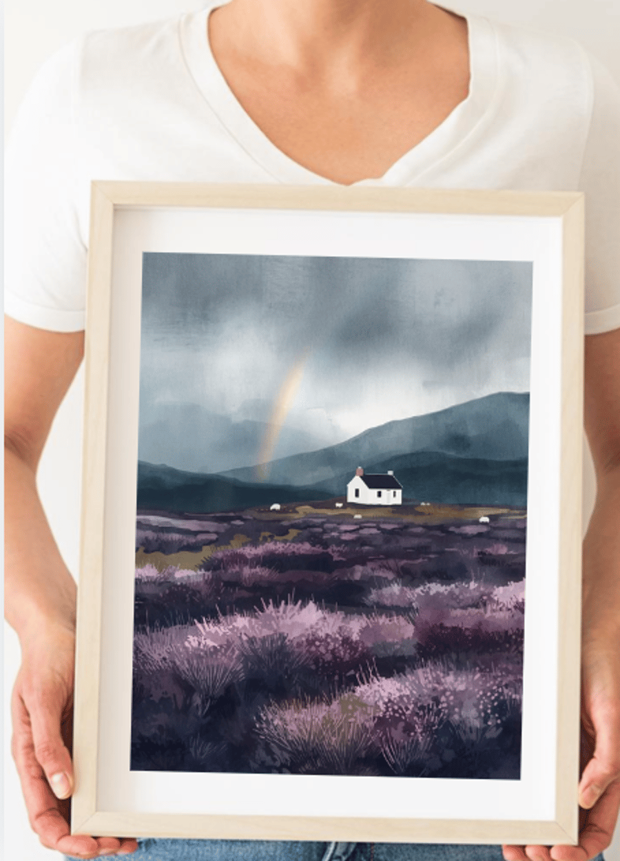 The Highland Bothy - Scottish Countryside A4 Art Print - Heather Wall Decor