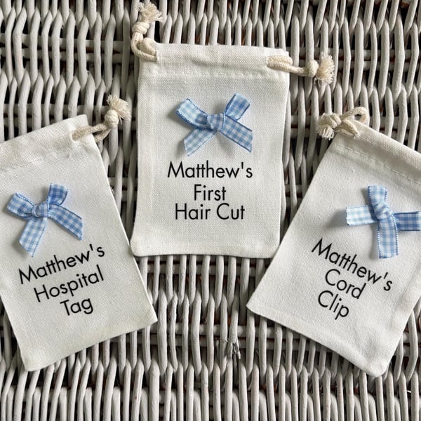 Personalised Baby Keepsake Bags: First Hair Cut, Cord Clip, Hospital Tag
