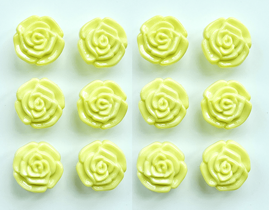 12 Flower Buttons, Yellow, Textured Rose Design, 13mm Wide, Glossy Finish
