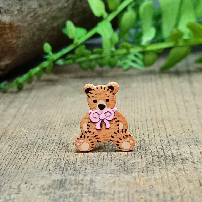 Tiny Pink Ribbon Bear Pin, Handmade Teddy Badge, Cute Little Baby Bear Gift