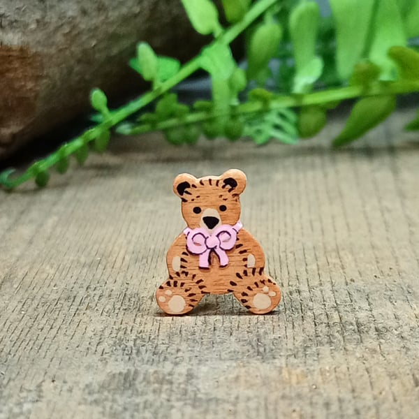 Tiny Pink Ribbon Bear Pin, Handmade Teddy Badge, Cute Little Baby Bear Gift